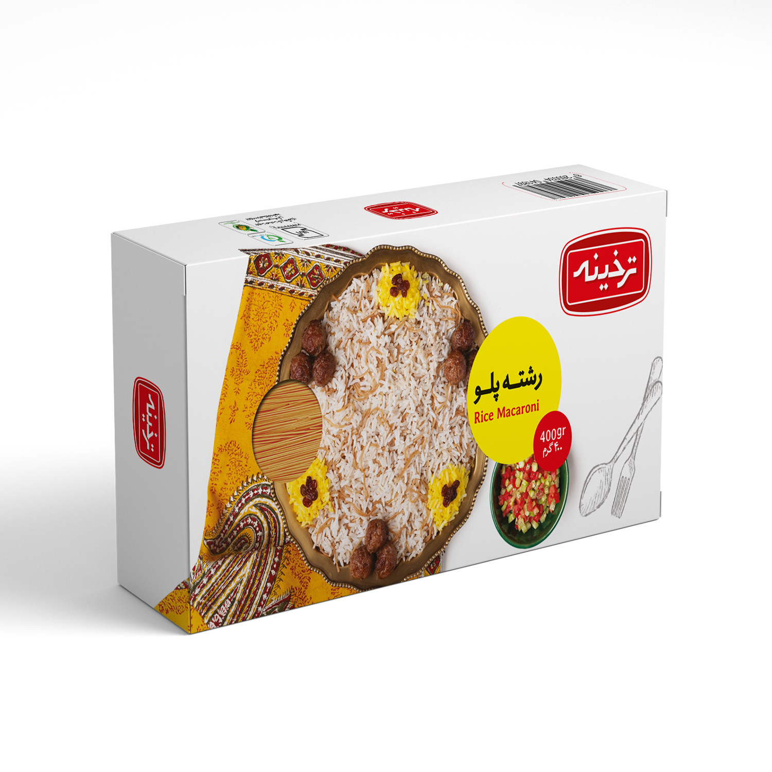 طراحی بسته‌ بندی رشته پلو محصولی از مواد غذایی ترخینه در آتلیه گرافیک گروه گسترش
