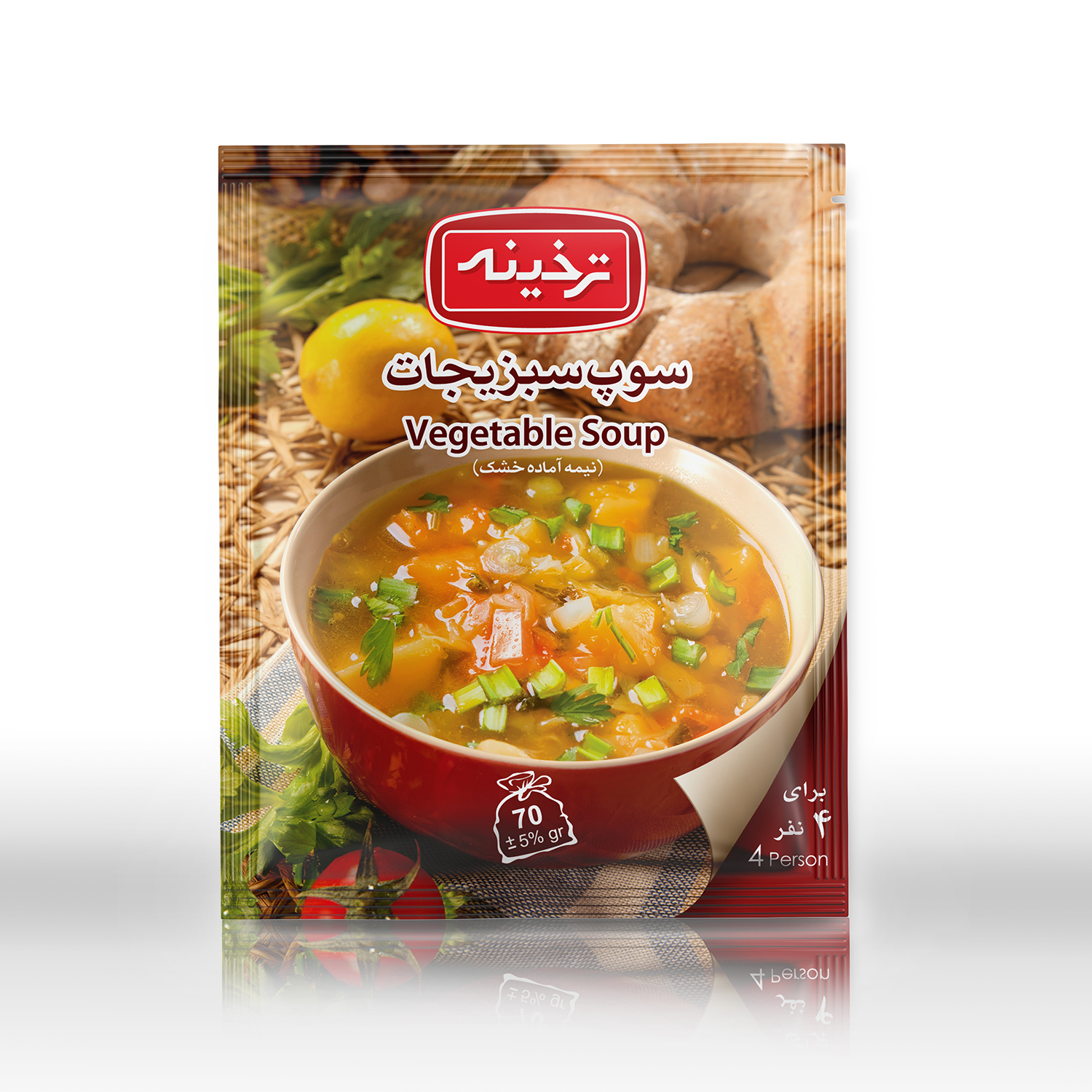 طراحی بسته‌بندی سوپ سبزیجات محصولی از مواد غذایی ترخینه در آتلیه گرافیک گروه گسترش